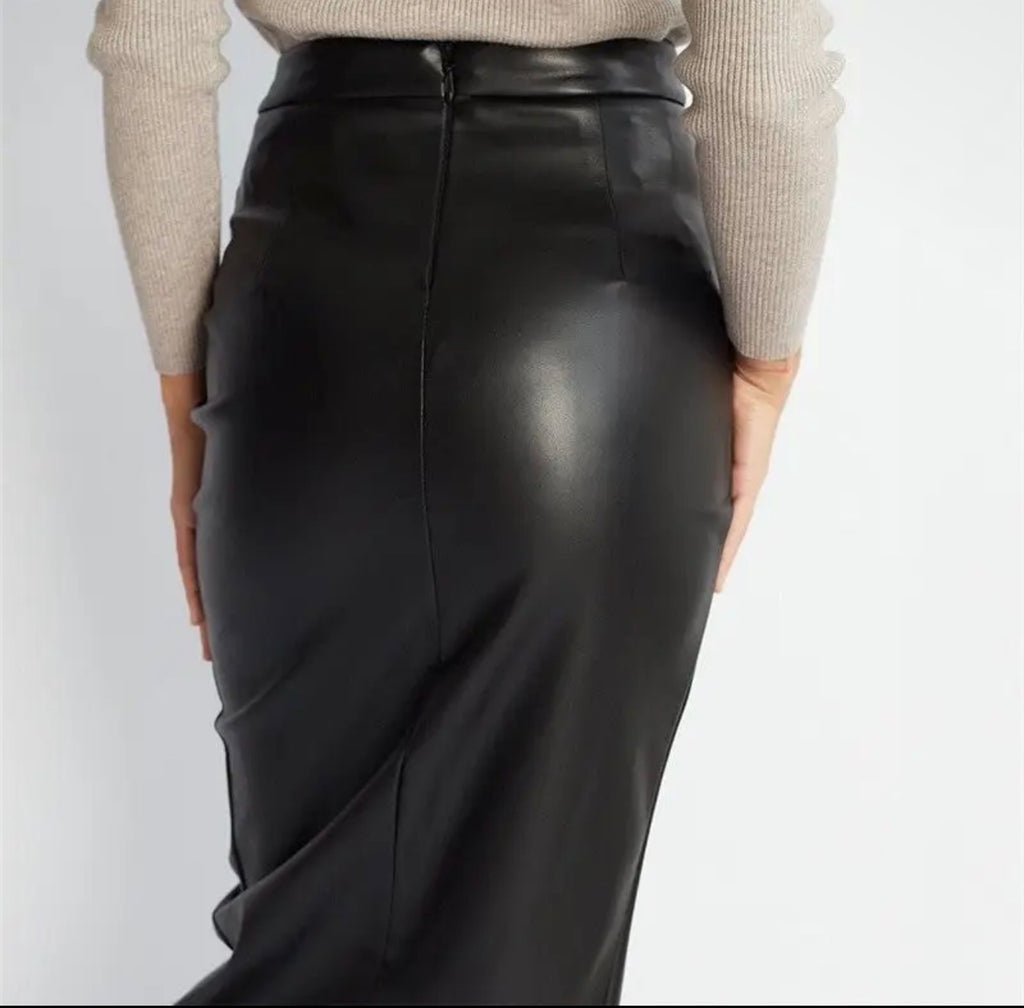 Black Faux Leather Midi Skirt