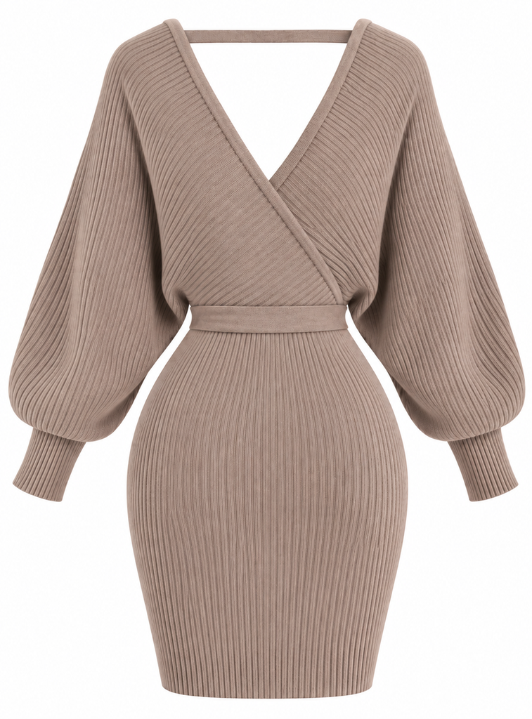 Soft Elegant Wrap Sweater Dress Beige