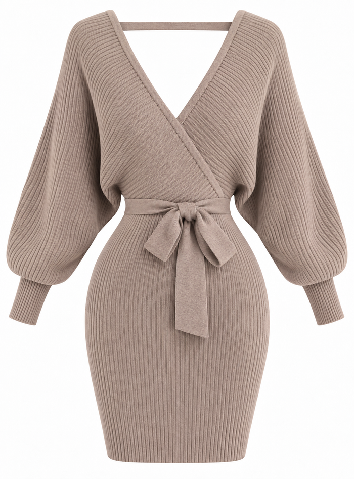 Soft Elegant Wrap Sweater Dress Beige