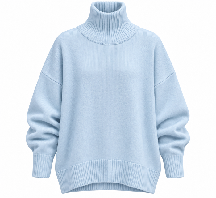 High-Neck Ribbed Sweater – Light Blue