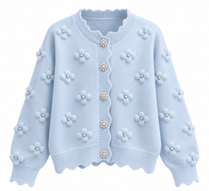 Pearl Floral Beaded Knit Cardigan – Light Blue