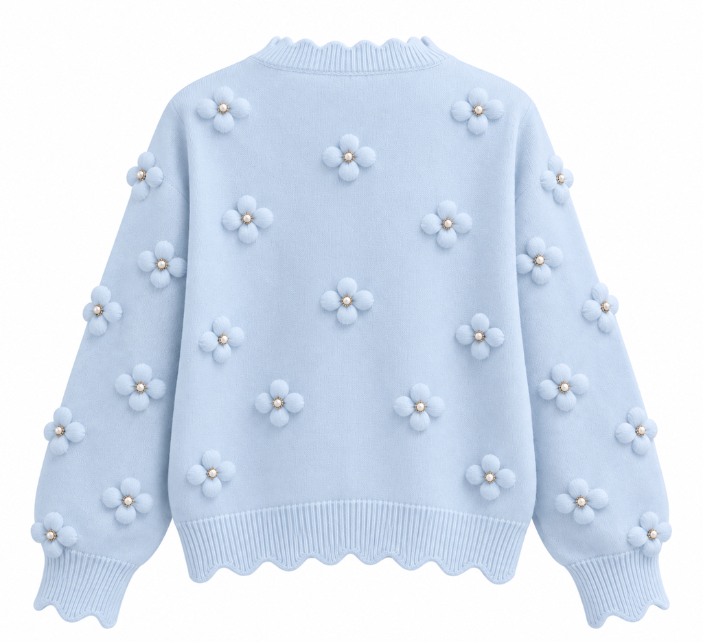 Pearl Floral Beaded Knit Cardigan – Light Blue