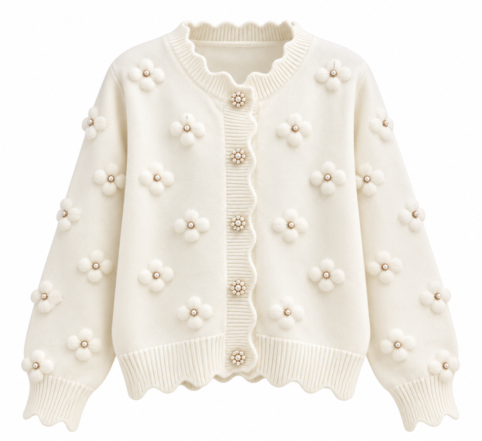 Pearl Floral Beaded Knit Cardigan – Ivory