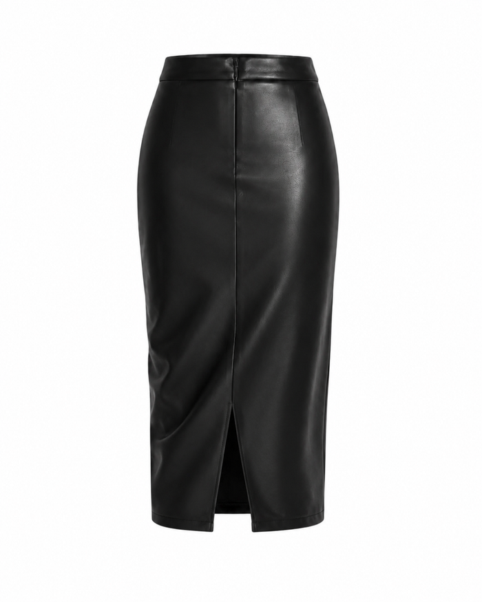 Black Faux Leather Midi Skirt