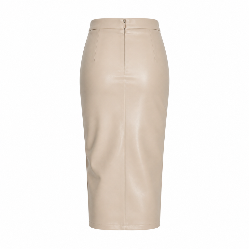 Cream Faux Leather Midi Skirt