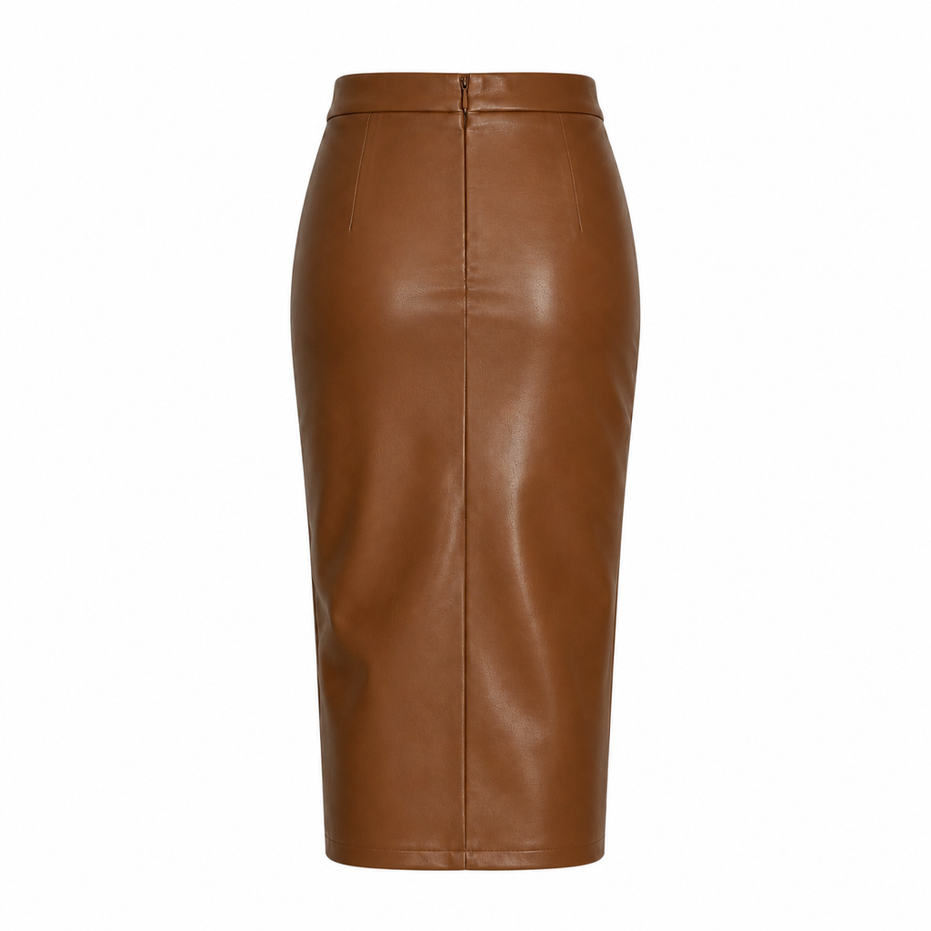 Brown Faux Leather Midi Skirt