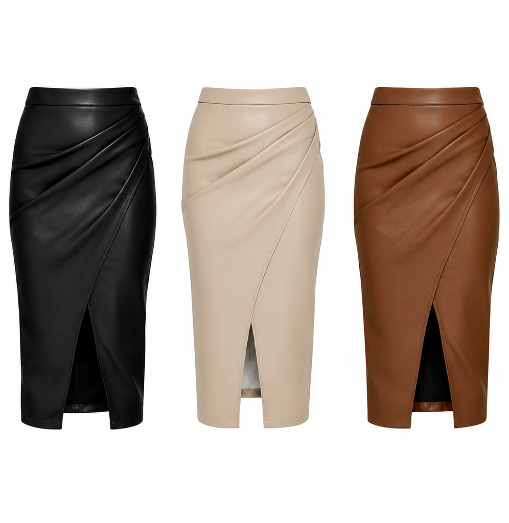 Brown Faux Leather Midi Skirt