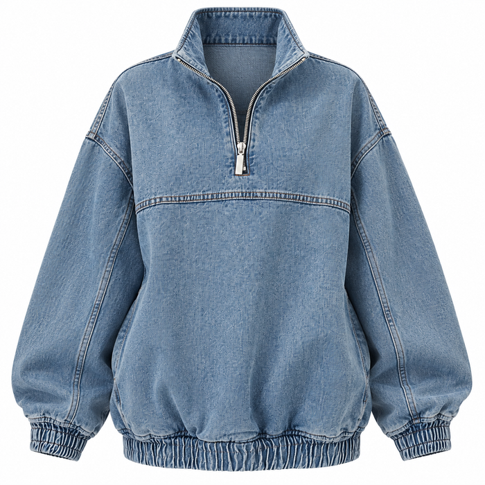 Oversized Denim Three-Quarter Zip-Up Jacket